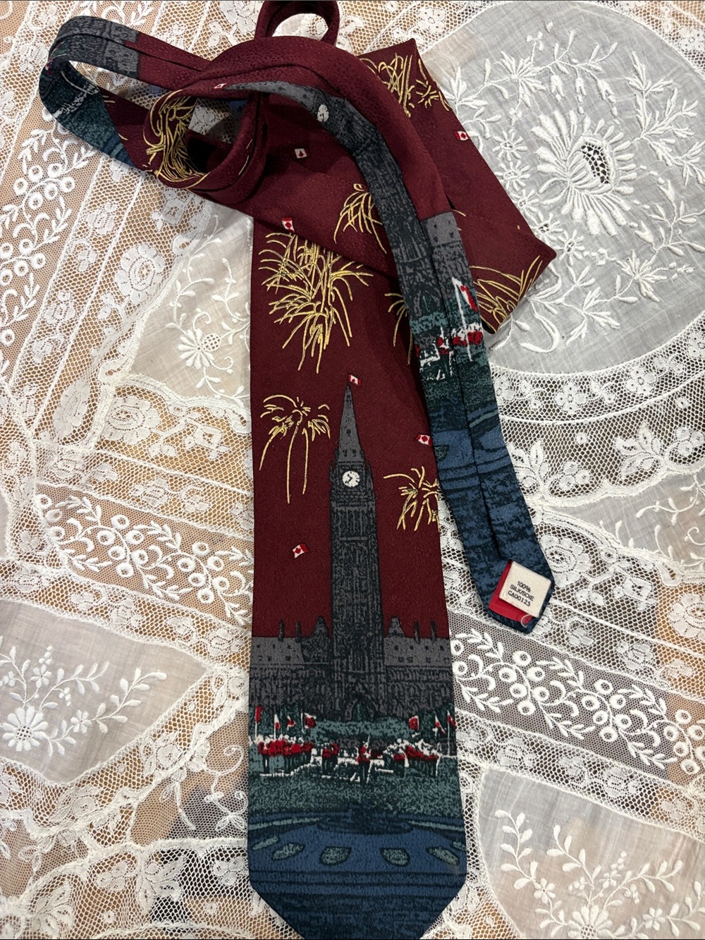 Novelty Canadian & Fireworks Scene Tie in Burgundy and Navy
